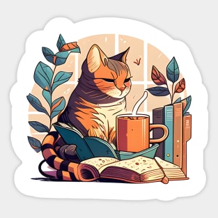 Foodilicious - Cat Caffeine Addiction Coffee And Reading Book Sticker